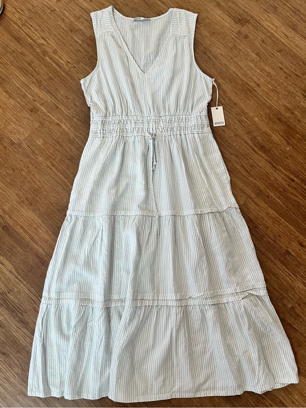 Devoted Striped Tiered Midi Dress Size L NWT Blue & White Sleeveless Cottagecore